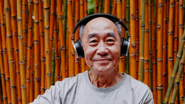 Smiling senior man with headphones making heart gesture with hands in front of bamboo background