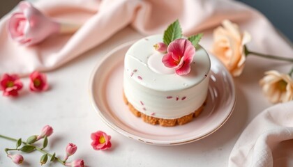 Exquisite Single Serving Cake with Floral Accent Surrounded by Delicate Blooms and Soft Fabric