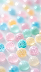 Colorful and sparkling candy spheres displayed in an artistic arrangement on a light background 