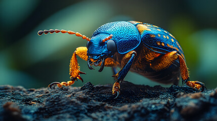 Naklejka premium Macro shot of a jewel-toned beetle with detailed legs and a shiny shell on a natural bark surface