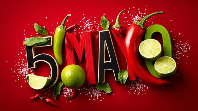 Chili peppers arranged to form "5 de Mayo" &ndash; Spicy, Bold &ndash; Surrounded by limes and salt &ndash; Fiery background
