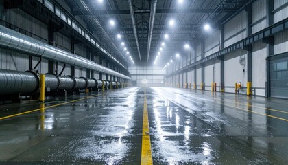 Obraz premium Vast Industrial Warehouse Interior with Wet Floor and Bright Lights