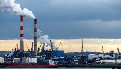 Industrial Landscape with Smoke Stacks and Cargo Ships by Waterfront