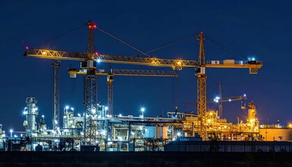 Obraz premium Night Scene of Construction Cranes at Industrial Site with Lights