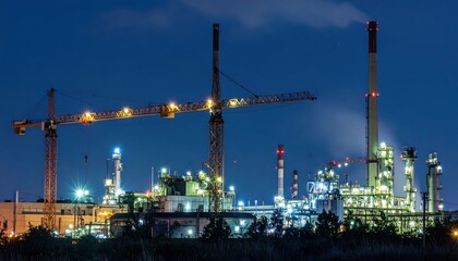 Obraz premium Nighttime Industrial Landscape with Cranes and Refineries Under Lights