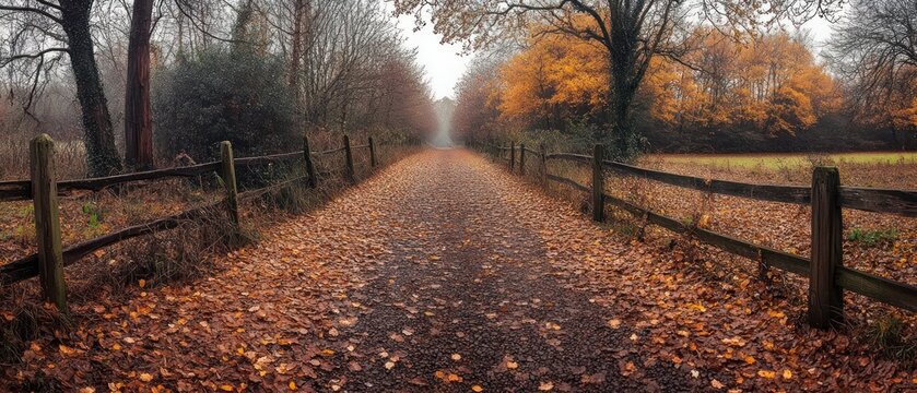 Autumn path covered with fallen leaves, surrounded by bare trees and wooden fence, evokes tranquility under overcast sky.
