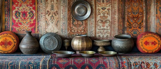 Middle Eastern pots and textiles exhibit intricate details, displaying artisan craftsmanship and vintage aesthetics.