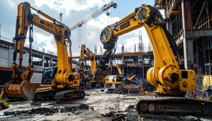 Heavy Machinery Working on Construction Site with Cranes and Dirt