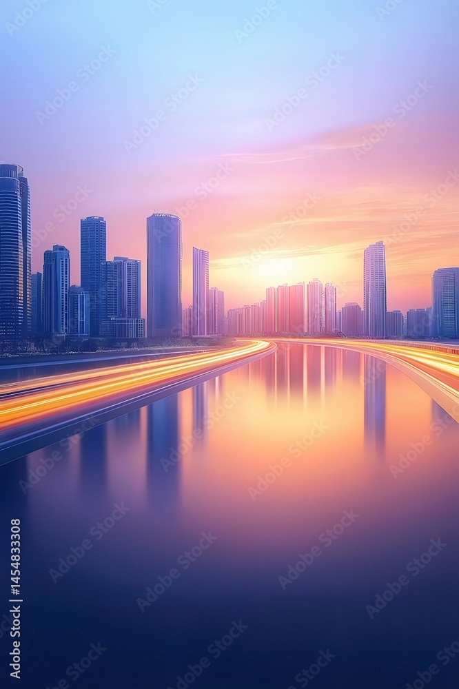 Poster 夕焼けに染まる都市の風景 水面に映る光と建物のシルエット 美しいコントラスト