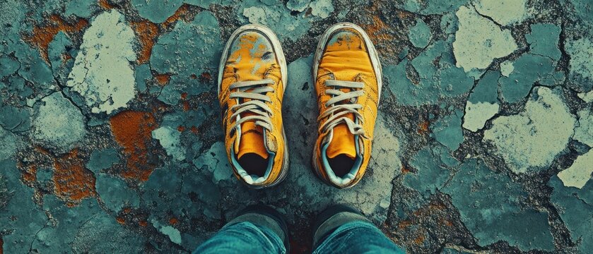 Person wears yellow sneakers, standing on cracked tiled ground, looking down at their feet. - Powered by Adobe