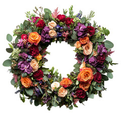 Hand Crafted Memorial Wreath with Fresh Flowers Isolated on Transparent Background