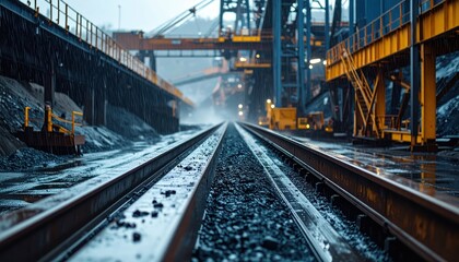 Rainy Day on Industrial Train Tracks in Heavy Machinery Zone