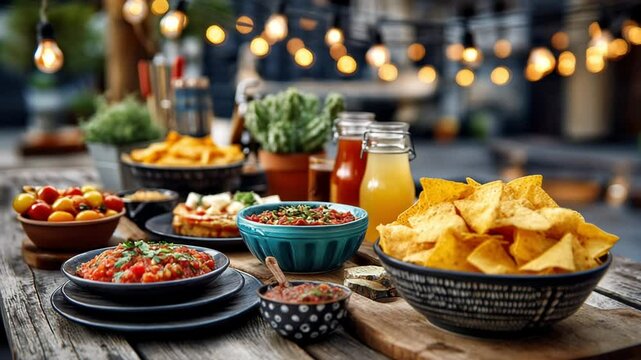 Party table set with empty plates, chips, salsa &ndash; Expectant, Ready &ndash; Streamers overhead &ndash; Evening backyard setup