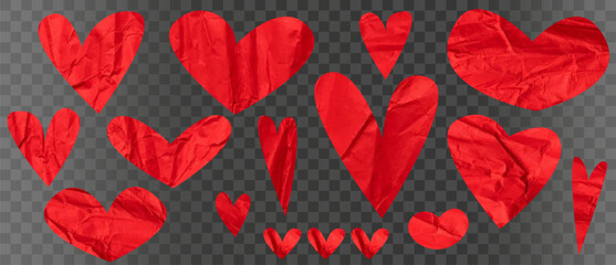 Set of red paper hearts of different shapes and sizes on transparent background. Hand-cut style of crumpled paper elements. Vintage, romantic look. For Valentine's Day design, wedding cards, romantic 