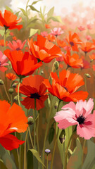 Red poppies growing in the field in summer