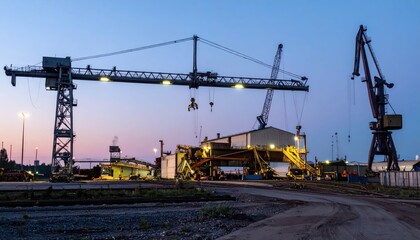 Industrial Crane and Machinery at Dusk in a Busy Construction Site