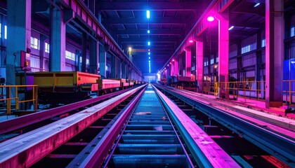 Fototapeta premium Vibrant Industrial Warehouse with Train Tracks and Neon Lights