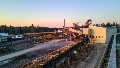 Naklejka premium Industrial Landscape at Sunset with Conveyor Belts and Buildings