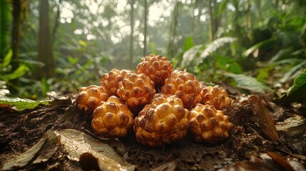 Cluster of golden fruit in rainforest