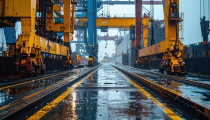 Industrial Port with Cranes and Wet Ground After Rainy Weather
