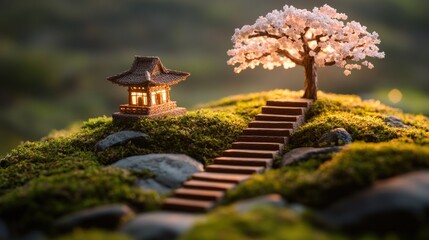 Fototapeta premium A serene miniature illuminated Asian pagoda sits atop a lush moss-covered hill connected by stone stairs to a vibrant glowing cherry blossom tree