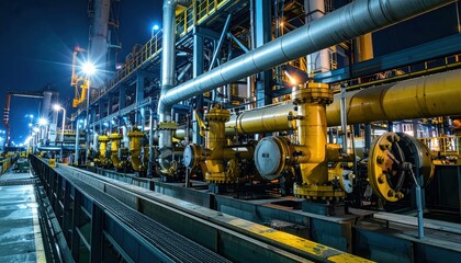 Obraz premium Industrial Night Scene with Pipes and Machinery in a Factory Setting