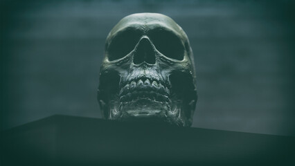 Human Skull on Ancient Book in Moody Blue Light