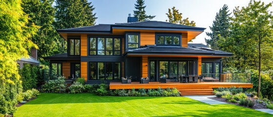 House displays elegant modern architecture with wooden siding, large windows, surrounding green lawn, landscaped garden and a spacious deck for outdoor living.