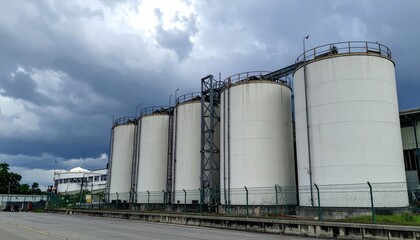 Industrial Storage Tanks Under Dramatic Sky in Urban Environment