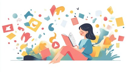 Girl with speech impediment learning reading difficult letters illustration , no logos, no brands