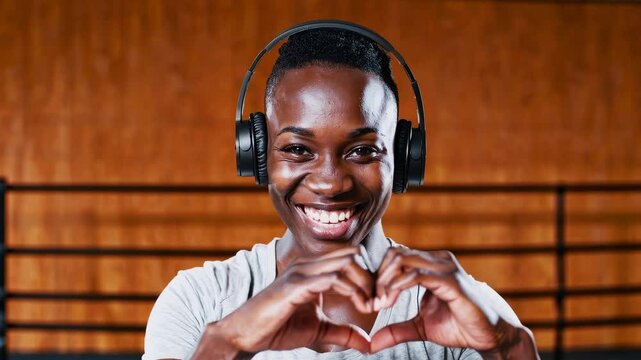 Smiling athletic woman with headphones making heart gesture with hands in gym or sports facility