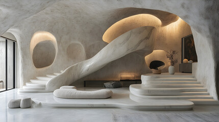 Marble staircase accented by flowing organic sculptures in a contemporary space