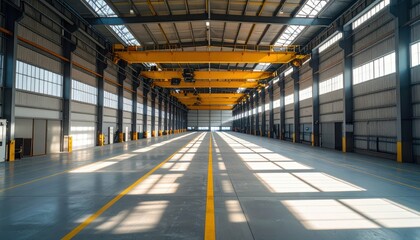 Obraz premium Spacious Industrial Warehouse Interior with Bright Natural Light