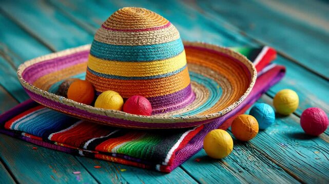 Sombrero resting on a colorful serape blanket &ndash; Festive, Relaxed &ndash; Surrounded by maracas and confetti &ndash; Rustic wooden table