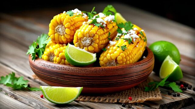 Clay bowl with elote (Mexican street corn) &ndash; Rustic, Savory &ndash; Garnished with cheese and lime &ndash; Woven mat background