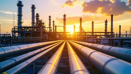 Sunset over Industrial Oil Refinery with Pipelines in Foreground