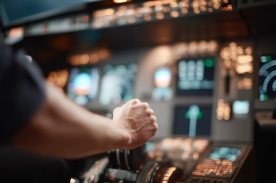 Pilot hand operating airplane throttle control stick inside cockpit