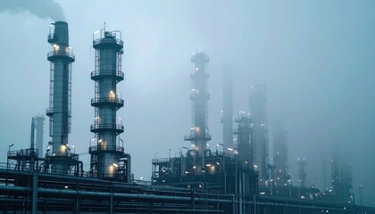 Obraz premium Industrial Factory Silhouetted Against Foggy Sky at Dusk