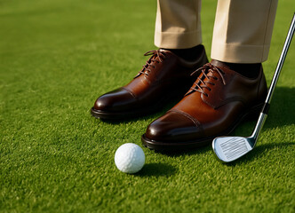Polished leather golf shoes next to a golf ball on green grass