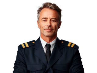 Portrait of confident male pilot in blue uniform isolated on transparent background PNG symbolizing professionalism, trust and aviation experience