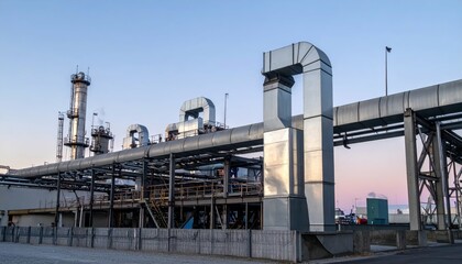 Obraz premium Industrial Facility with Pipes and Equipment Against Evening Sky