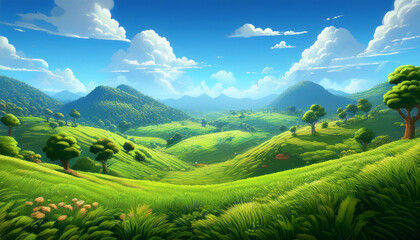 Fototapeta premium pixelated terrain with bright green hills a sunny sky and game like aesthetics reminiscent of classic platformer games