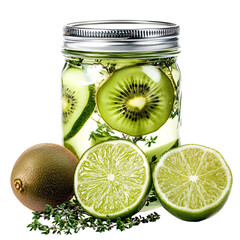 Kiwi Thyme and Lime in Mason Jar Isolated on Transparent Background