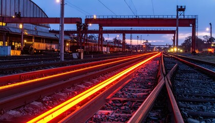 Fototapeta premium Vibrant Nighttime Railway Scene with Illuminated Train Tracks