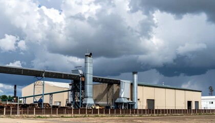 Obraz premium Industrial Warehouse with Machinery under Dramatic Cloudy Sky