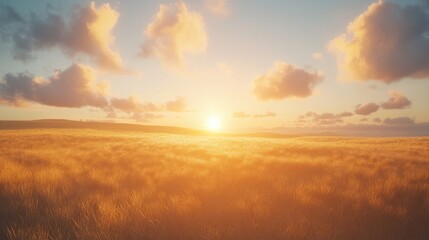 Fototapeta premium A wide wheat field stretches towards the setting sun, creating a golden landscape