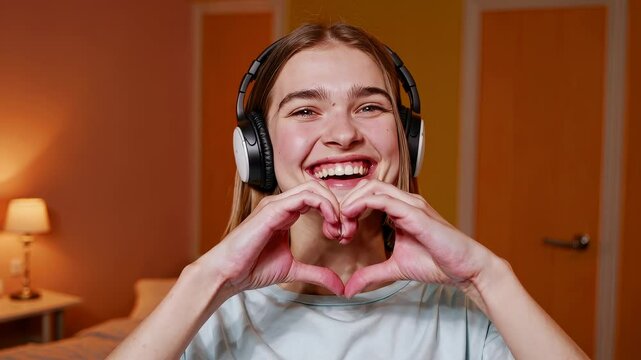 Smiling young woman with headphones making heart gesture with hands in cozy bedroom setting