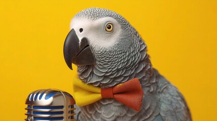 Fototapeta premium Clever Parrot in Bow Tie Speaking into Retro Microphone