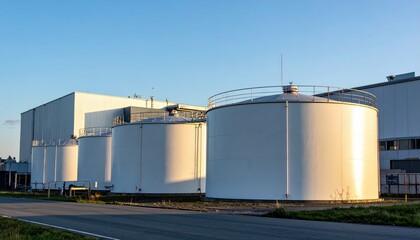 Obraz premium Industrial Storage Tanks Under Clear Blue Sky at Sunset