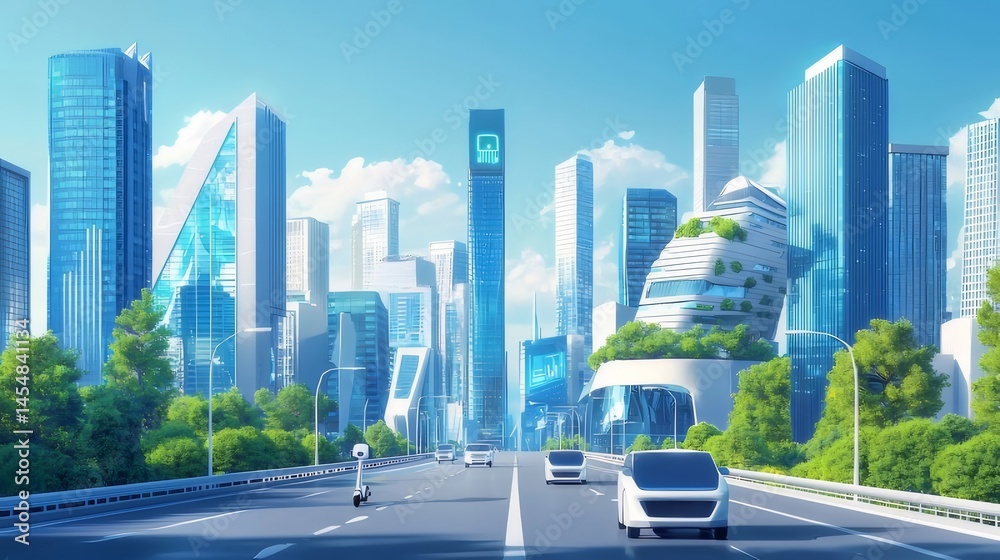Aufkleber 未来都市の高速道路を走る青い車と高層ビル群 緑豊かな公園と空のコントラスト 現代的な街並み